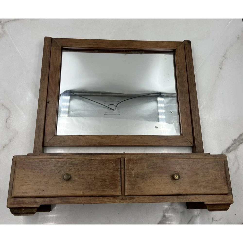 Antique Wood Shaving Mirror Tabletop Vanity Tilting Dresser Mirror 2 Drawers